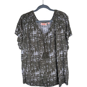 EVRI Womens Blouse, Olive/Cream, V-Neck Short Sleeve, Ruched Shoulders, Size 2X